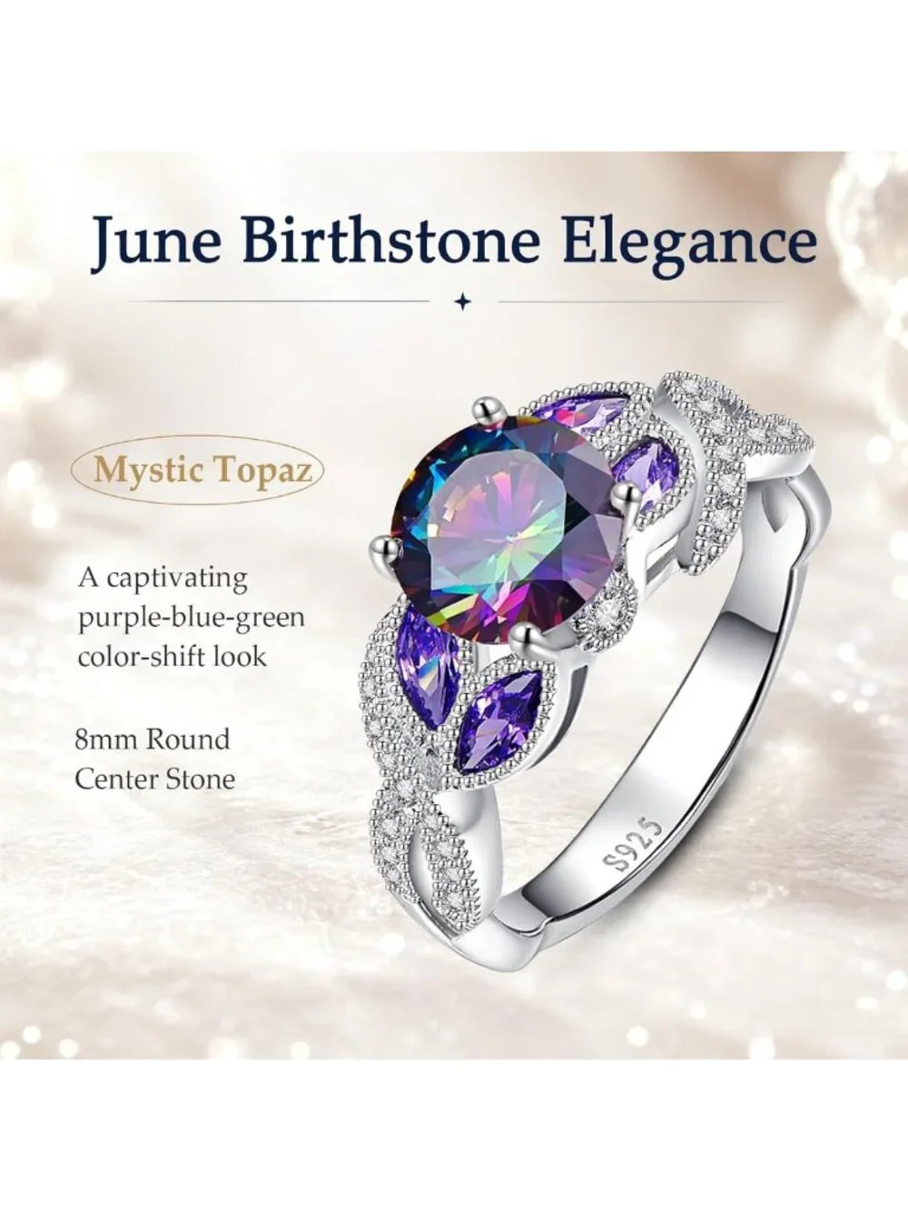 Stunning 3.6ct Rainbow Topaz & Sapphire Sterling Silver Ring | Bezel Set Fashion